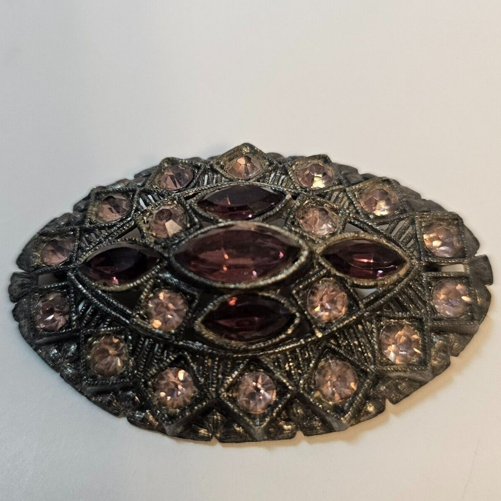 Silver Tone Pink Purple Glass Rhinestone Brooch Pin Vintage Unmarked